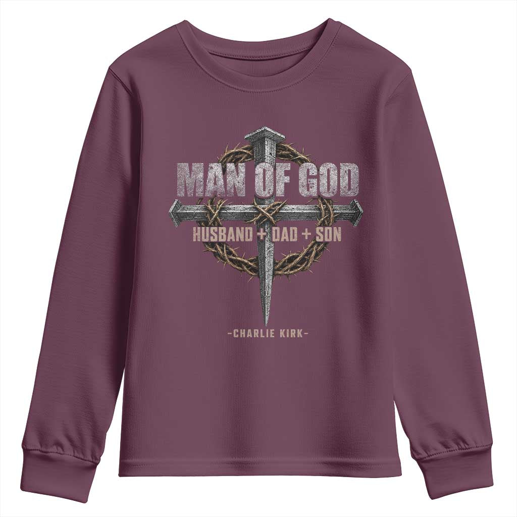Man Of God Husband Dad Son Charlie Kirk Youth Sweatshirt Vintage Christian Cross