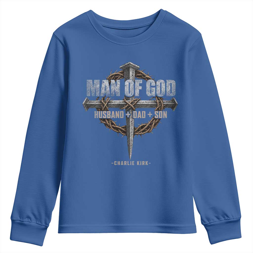 Man Of God Husband Dad Son Charlie Kirk Youth Sweatshirt Vintage Christian Cross