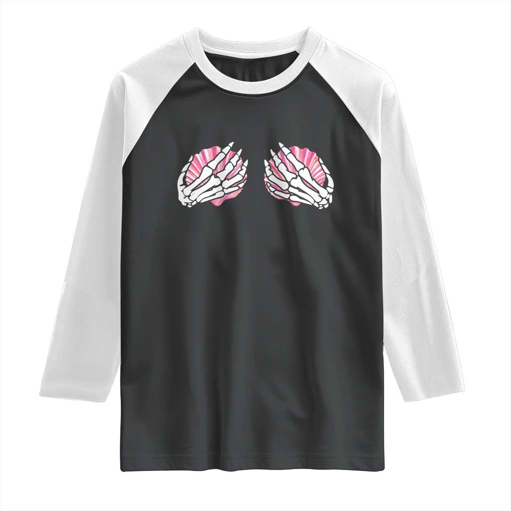 Funny Skeleton Hands Seashell Bikini Halloween Beach Raglan Shirt - Wonder Print Shop