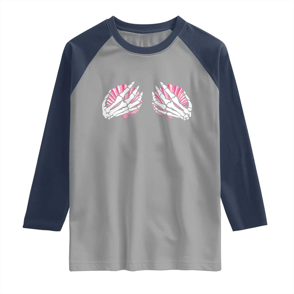 Funny Skeleton Hands Seashell Bikini Halloween Beach Raglan Shirt - Wonder Print Shop