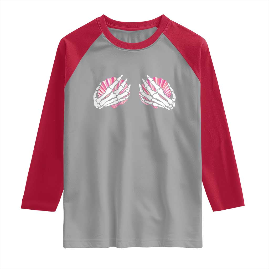 Funny Skeleton Hands Seashell Bikini Halloween Beach Raglan Shirt - Wonder Print Shop