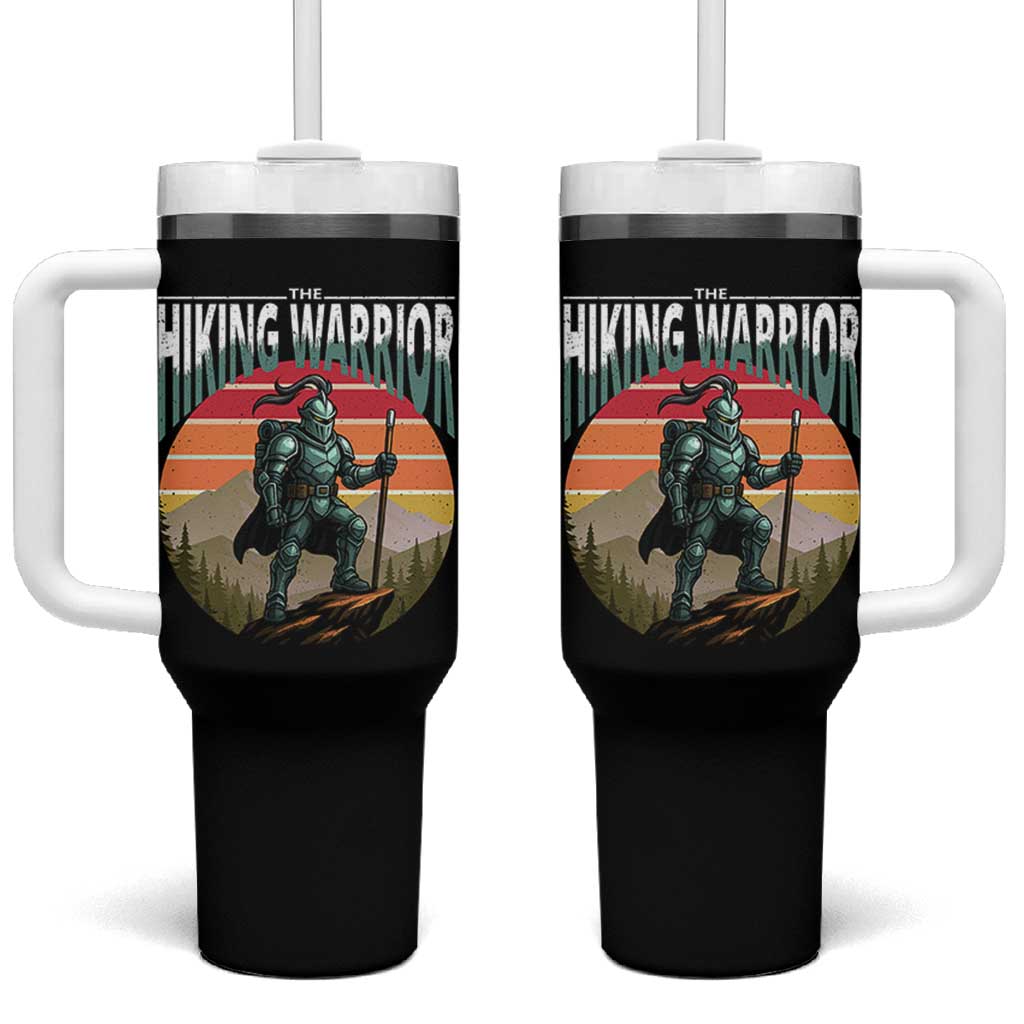 Funny Mountain Hikers Tumbler With Handle The Hiking Warrior Retro Forest Sunset - Wonder Print Shop
