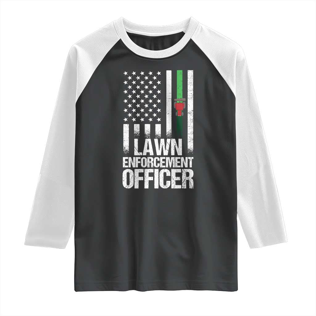 Funny Lawn Enforcement Officer Raglan Shirt Gardening Lawn Mower American Flag - Wonder Print Shop