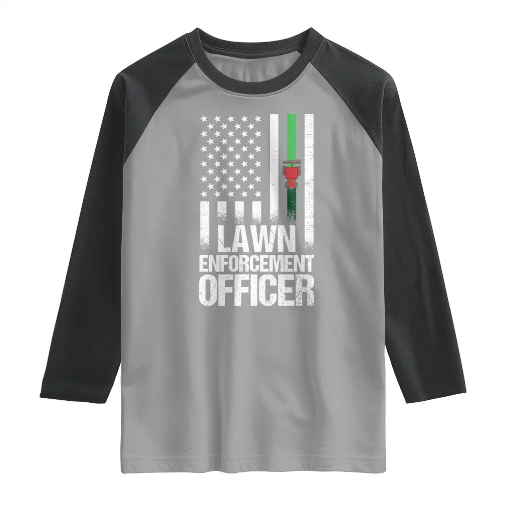 Funny Lawn Enforcement Officer Raglan Shirt Gardening Lawn Mower American Flag - Wonder Print Shop