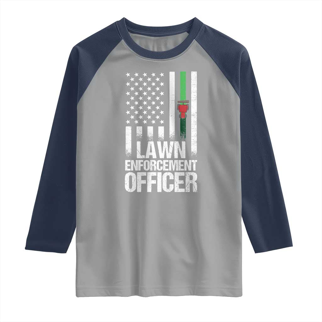 Funny Lawn Enforcement Officer Raglan Shirt Gardening Lawn Mower American Flag - Wonder Print Shop