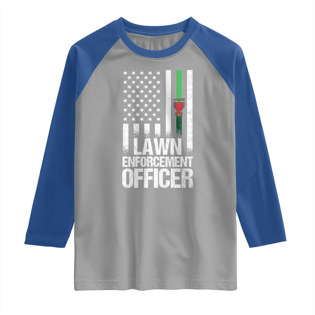 Funny Lawn Enforcement Officer Raglan Shirt Gardening Lawn Mower American Flag - Wonder Print Shop