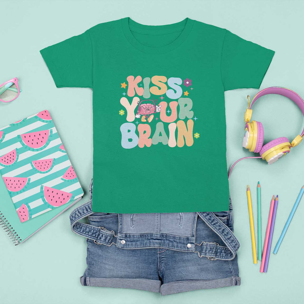 Funny Special Education Teacher T Shirt For Kid Kiss Your Brain Retro Groove Flower Star - Wonder Print Shop