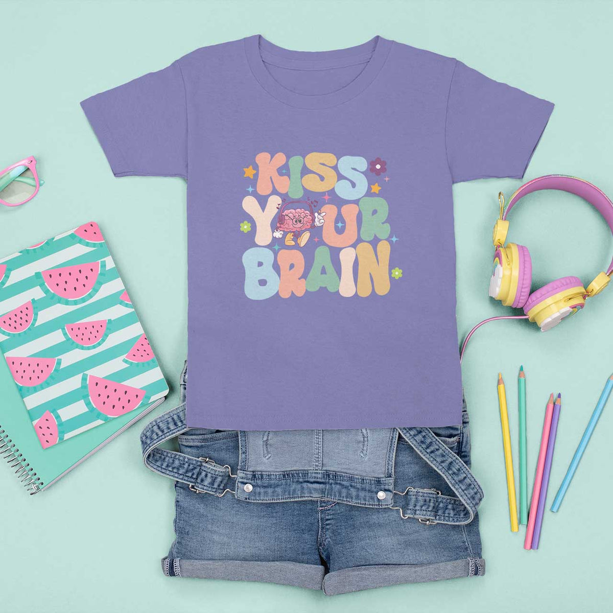 Funny Special Education Teacher T Shirt For Kid Kiss Your Brain Retro Groove Flower Star - Wonder Print Shop