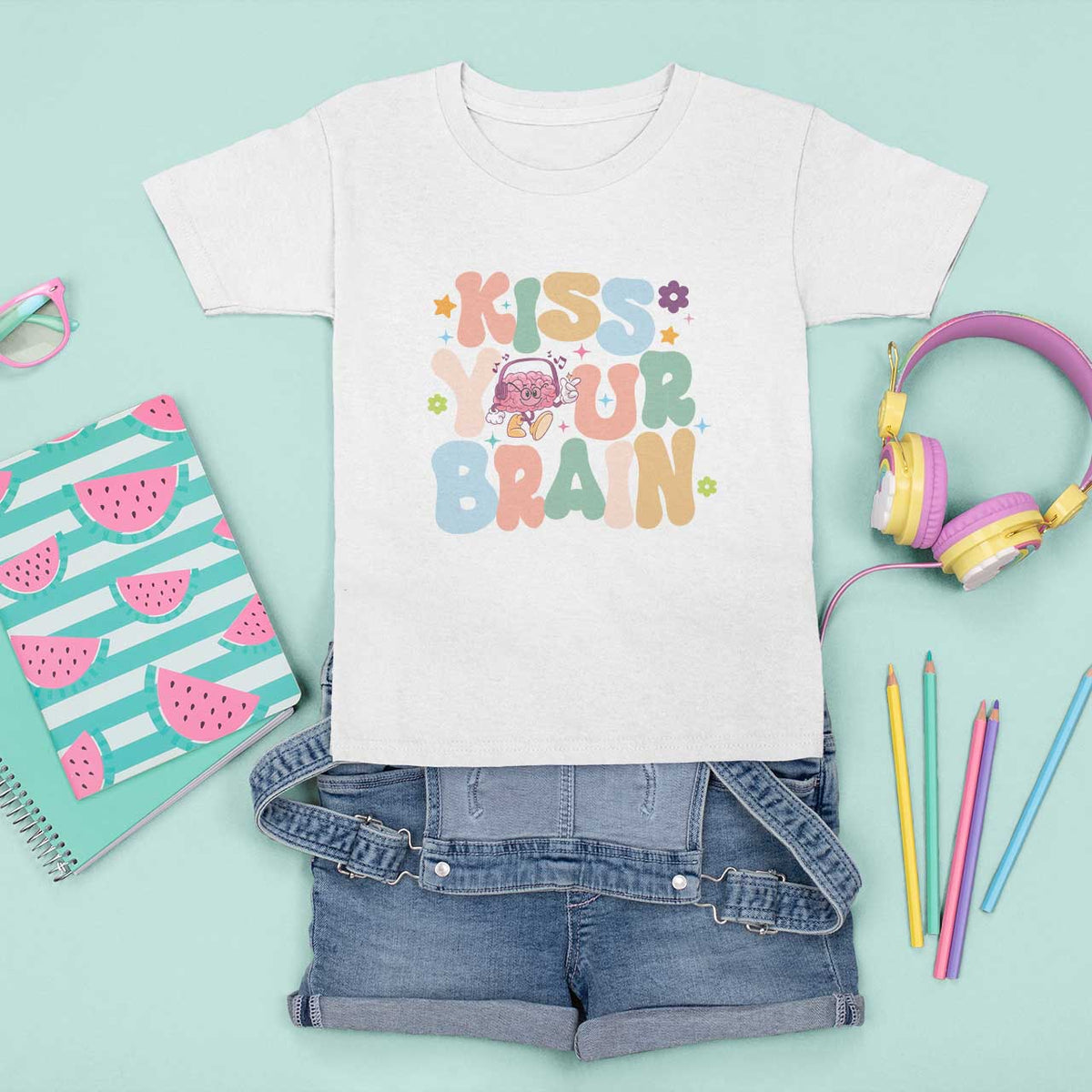 Funny Special Education Teacher T Shirt For Kid Kiss Your Brain Retro Groove Flower Star - Wonder Print Shop