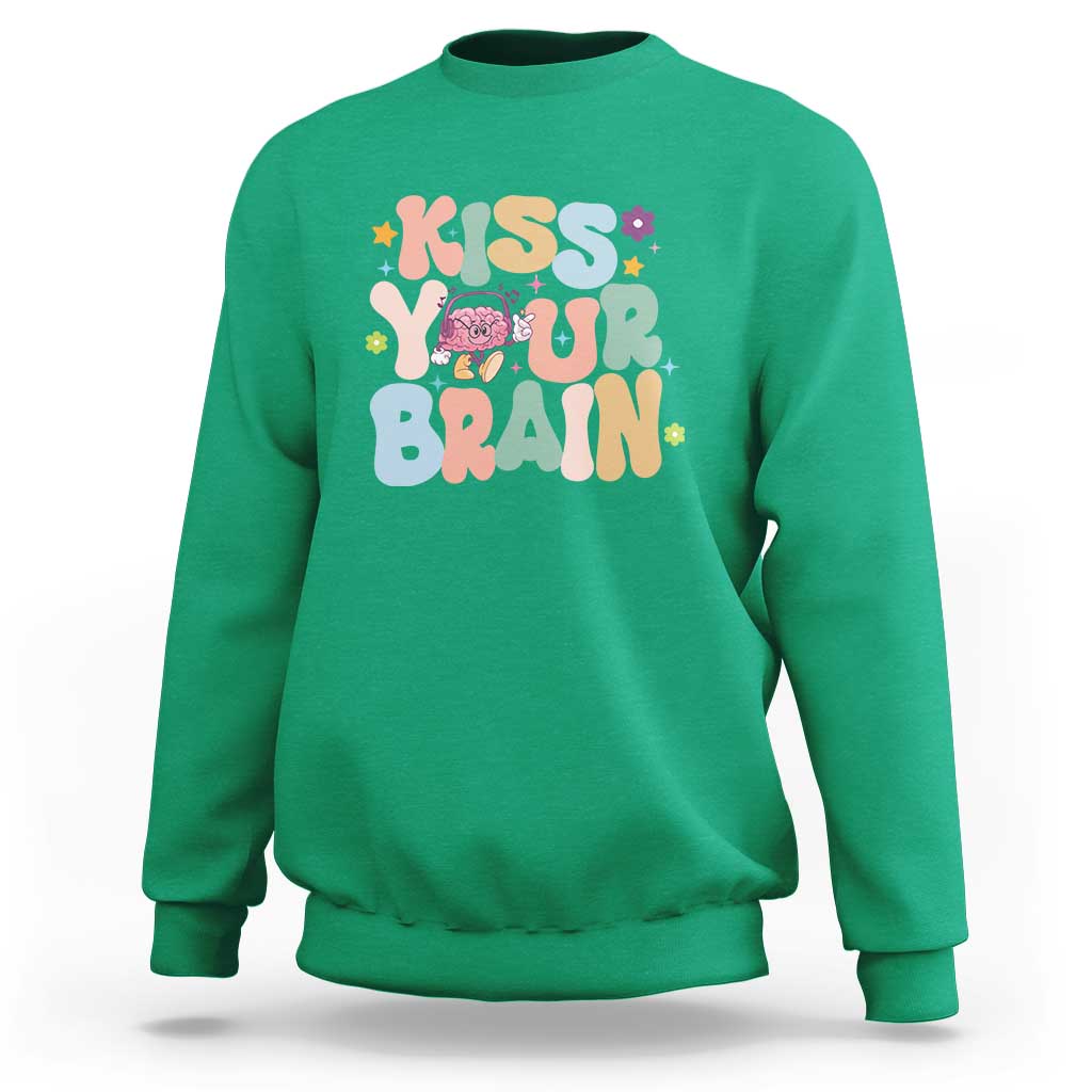 Funny Special Education Teacher Sweatshirt Kiss Your Brain Retro Groove Flower Star - Wonder Print Shop