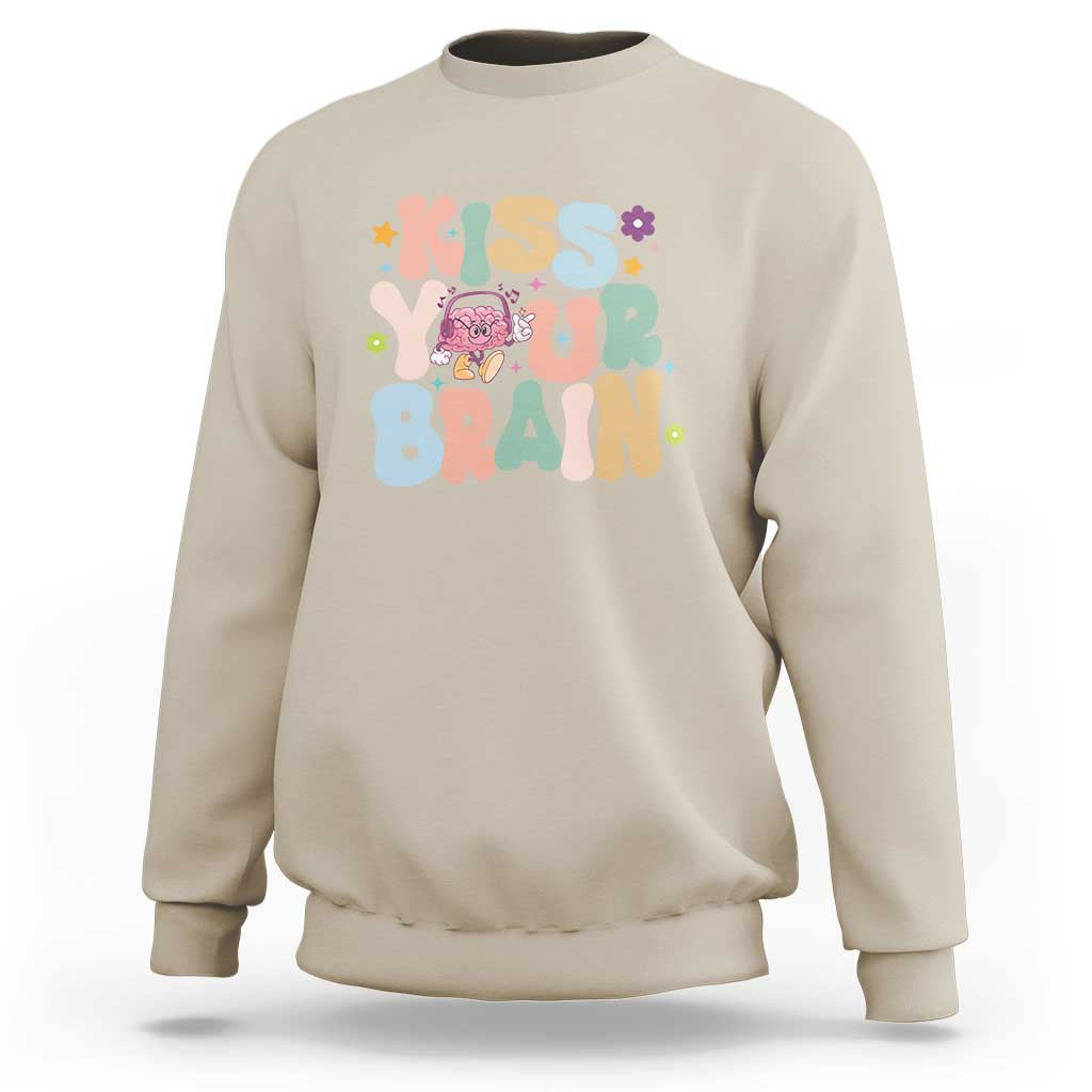Funny Special Education Teacher Sweatshirt Kiss Your Brain Retro Groove Flower Star - Wonder Print Shop