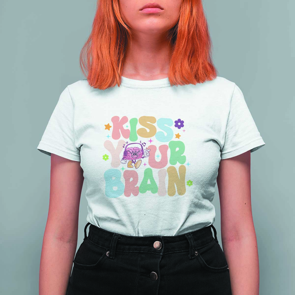 Funny Special Education Teacher T Shirt For Women Kiss Your Brain Retro Groove Flower Star - Wonder Print Shop