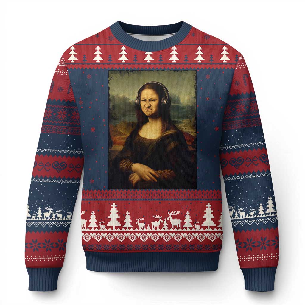 Funny Mona Lisa Bass Face Music Lovers DJs Ugly Christmas Sweater