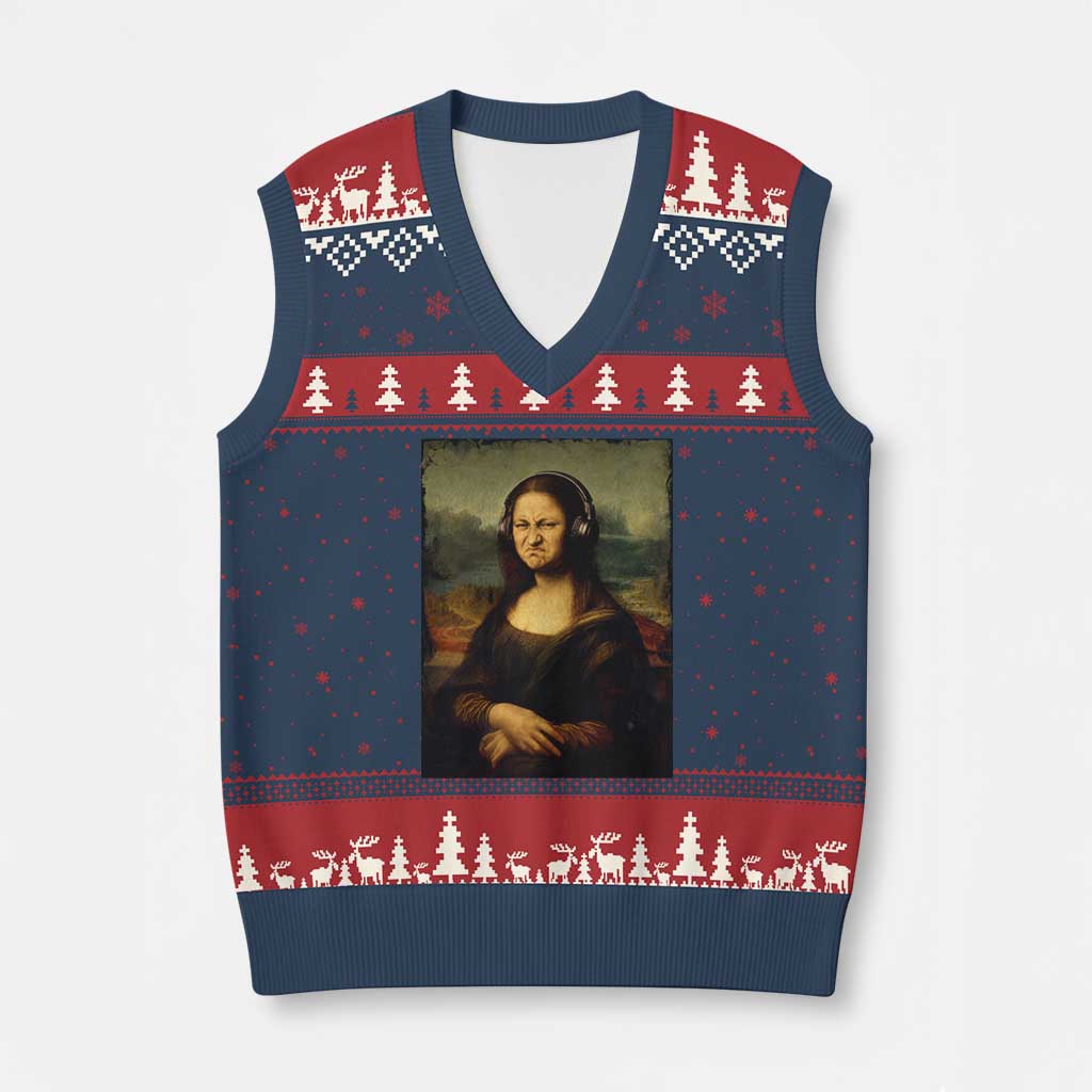 Funny Mona Lisa Bass Face Music Lovers DJs V-Neck Knit Sweater Vest