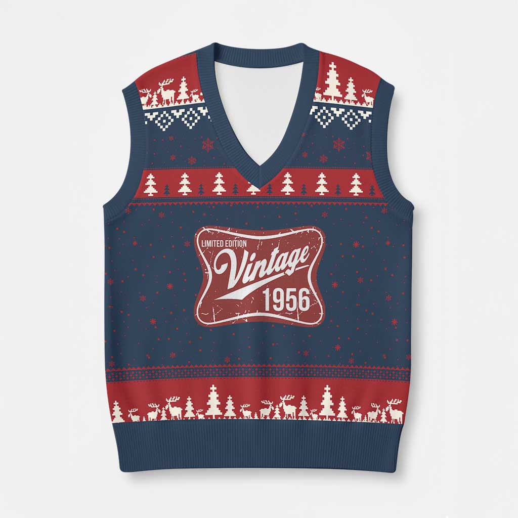 70th Birthday Beer Lover Vintage 1956 Limited Edition V-Neck Knit Sweater Vest Red Metal Beer Soft Sign Graphic