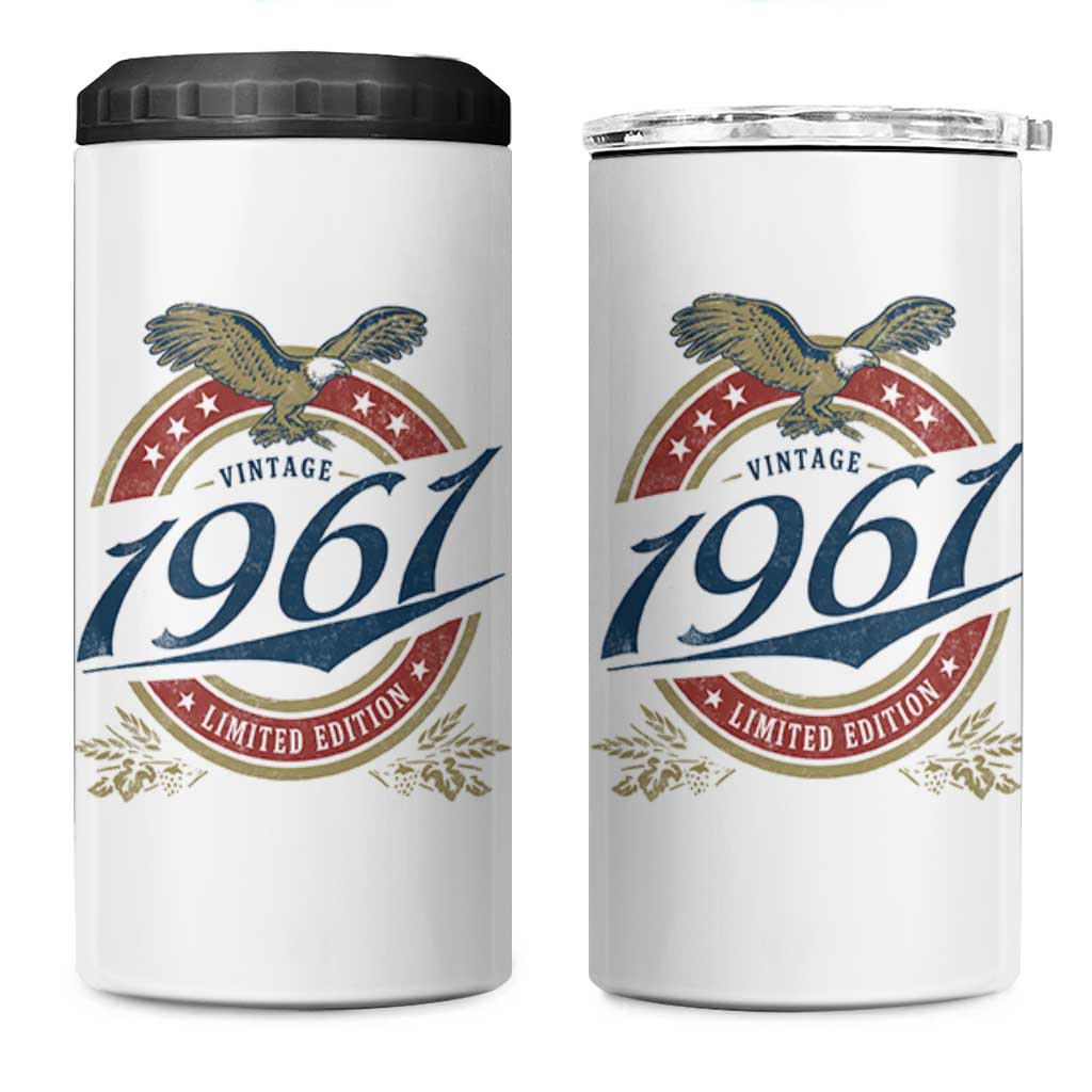 65th Birthday Beer Lover Vintage 1961 Limited Edition 4 in 1 Can Cooler Tumbler Bald Eagle
