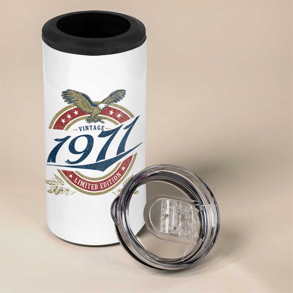 55th Birthday Beer Lover Vintage 1971 Limited Edition 4 in 1 Can Cooler Tumbler Bald Eagle