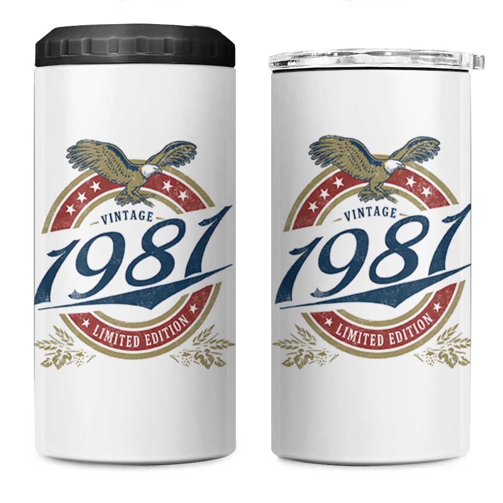 45th Birthday Beer Lover Vintage 1981 Limited Edition 4 in 1 Can Cooler Tumbler Bald Eagle