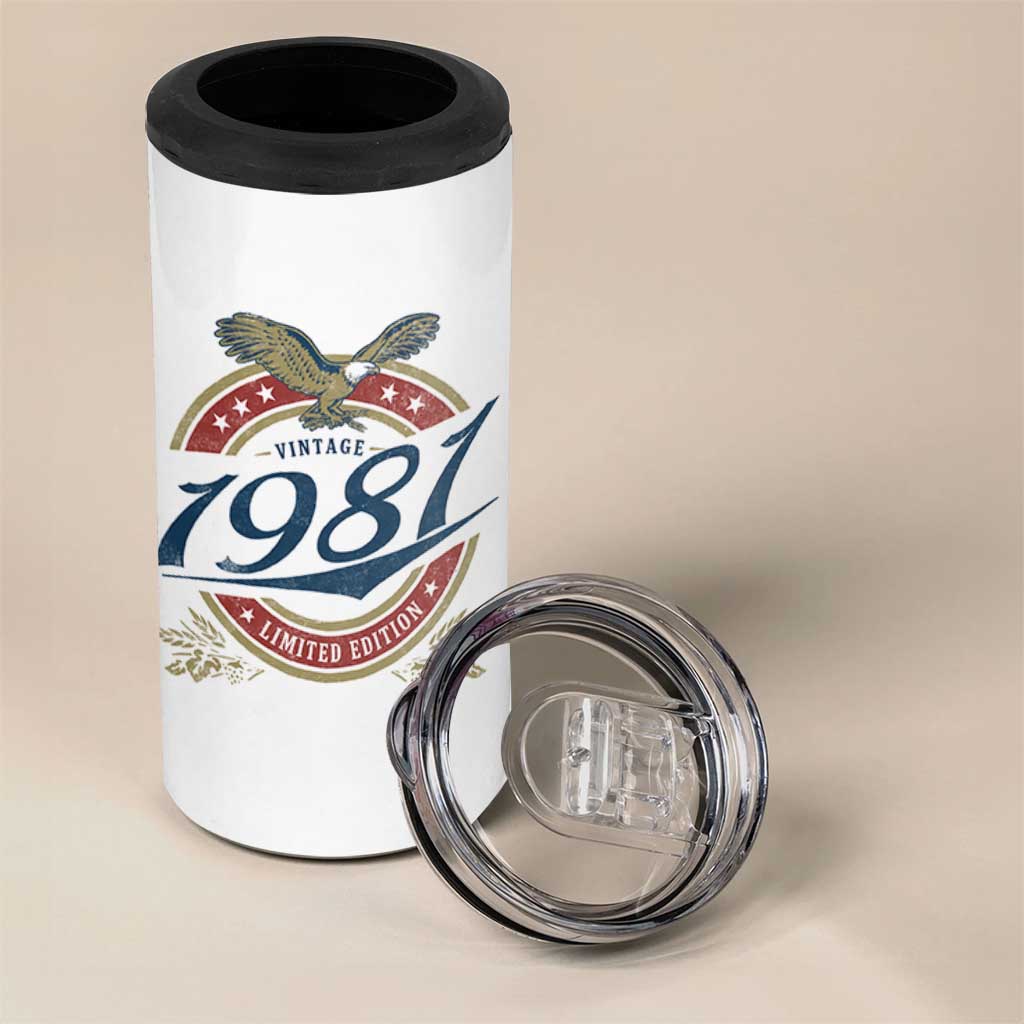 45th Birthday Beer Lover Vintage 1981 Limited Edition 4 in 1 Can Cooler Tumbler Bald Eagle