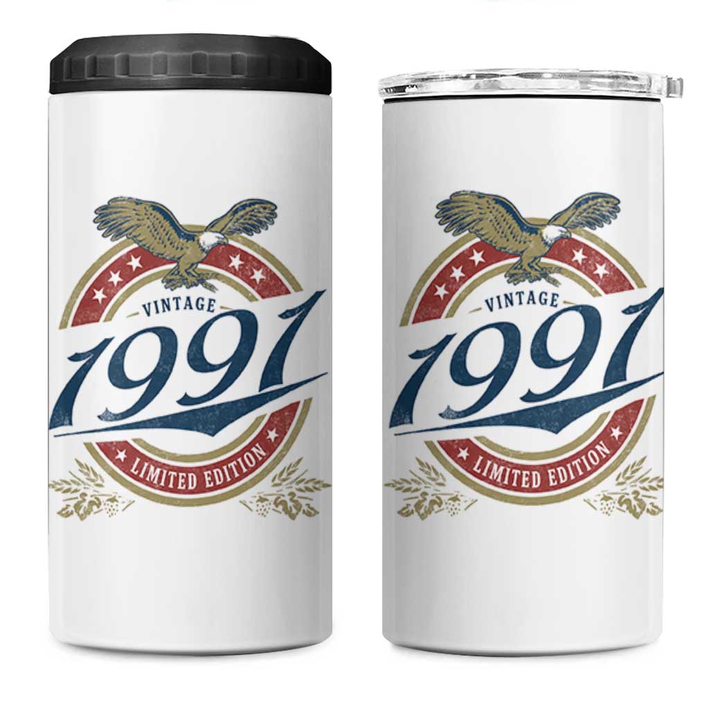 35th Birthday Beer Lover Vintage 1991 Limited Edition 4 in 1 Can Cooler Tumbler Bald Eagle