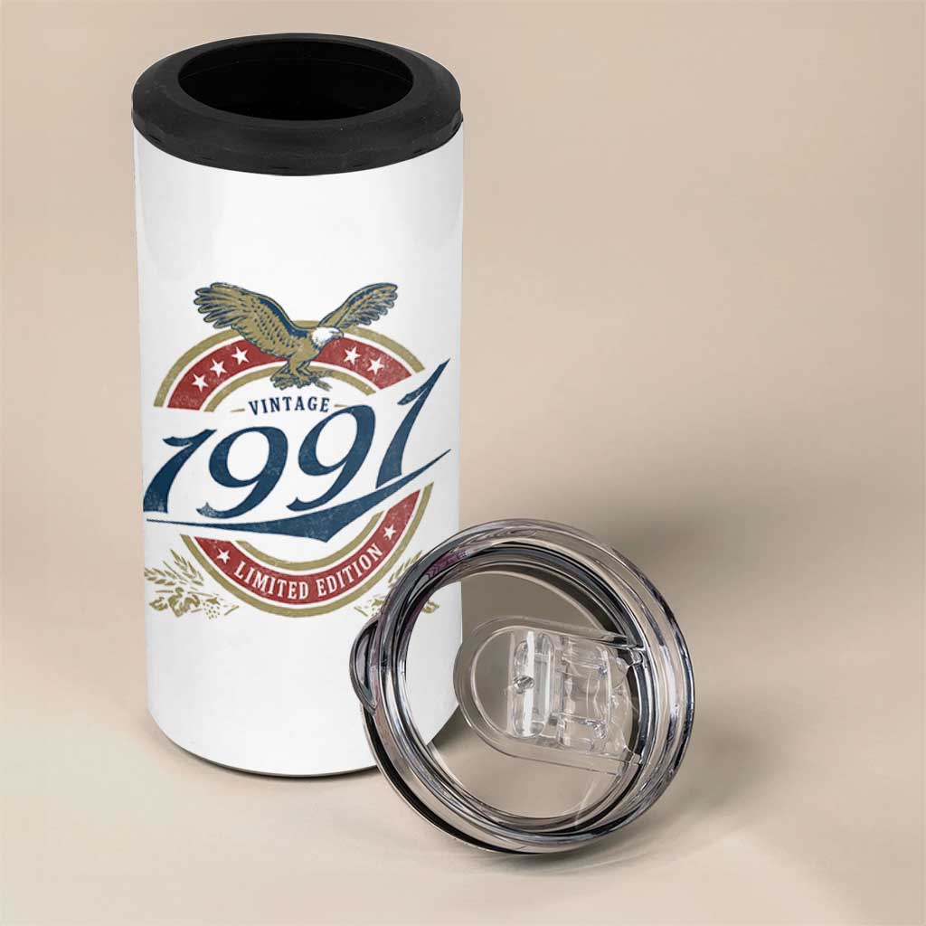 35th Birthday Beer Lover Vintage 1991 Limited Edition 4 in 1 Can Cooler Tumbler Bald Eagle