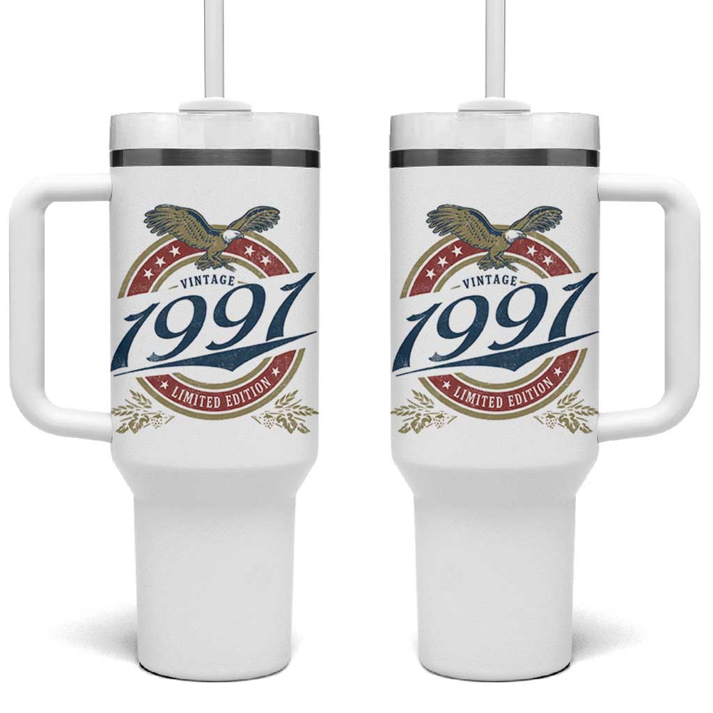 35th Birthday Beer Lover Vintage 1991 Limited Edition Tumbler With Handle Bald Eagle