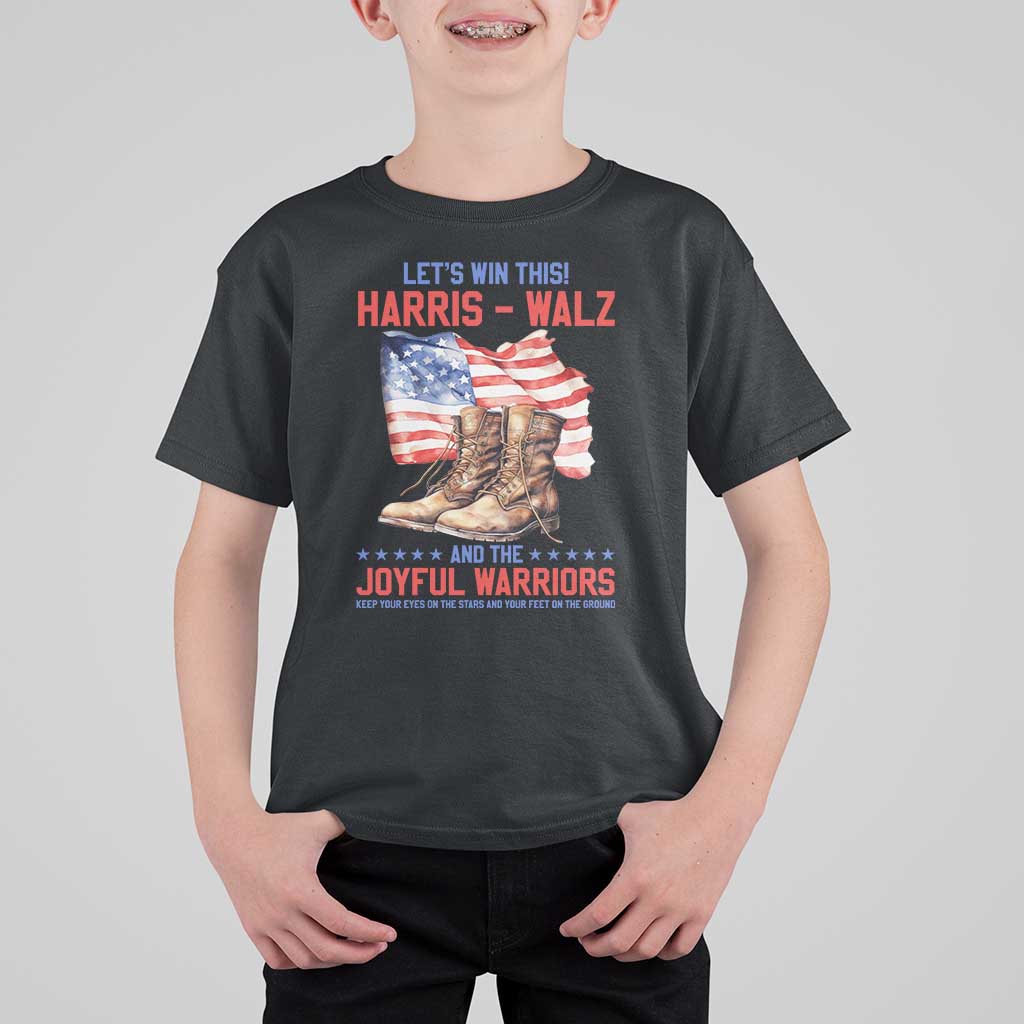 Harris Walz T Shirt For Kid Let's Win This And The Joyful Warriors American Flag - Wonder Print Shop