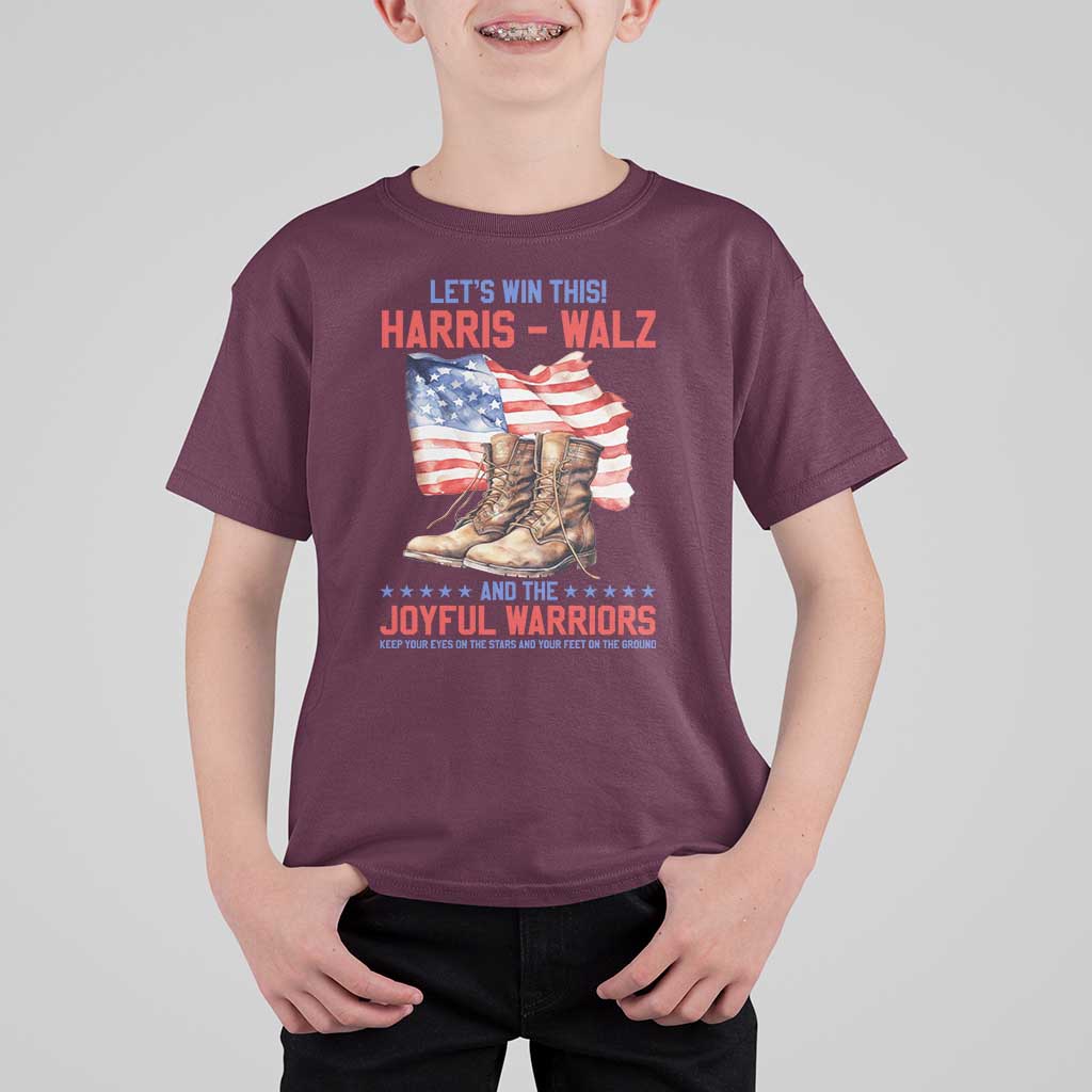 Harris Walz T Shirt For Kid Let's Win This And The Joyful Warriors American Flag - Wonder Print Shop