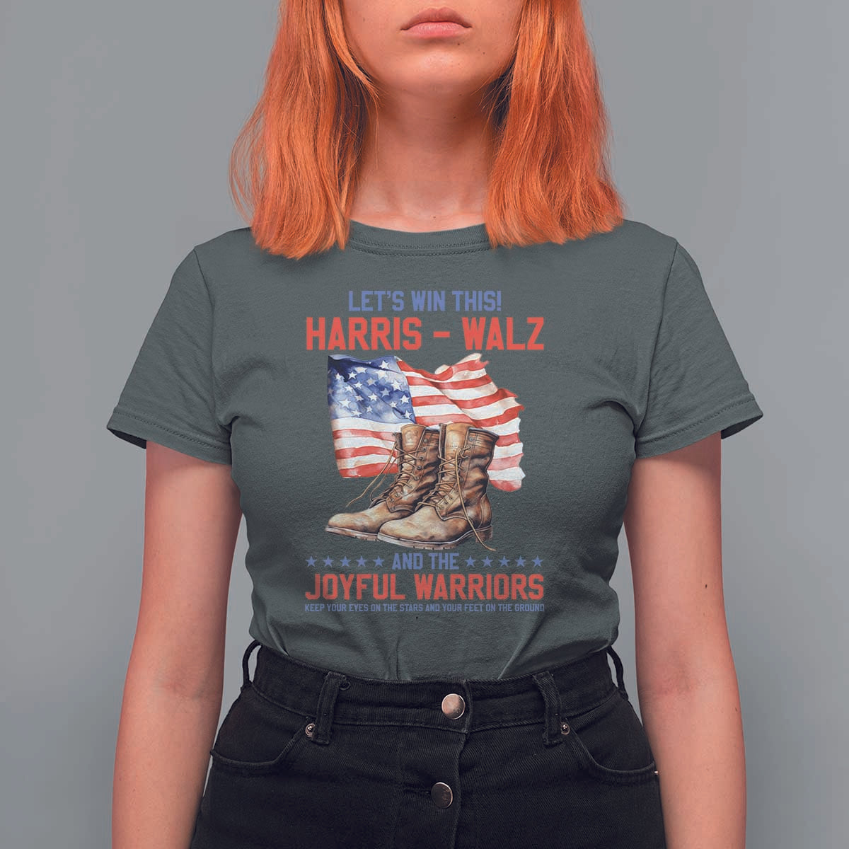 Harris Walz T Shirt For Women Let's Win This And The Joyful Warriors American Flag - Wonder Print Shop