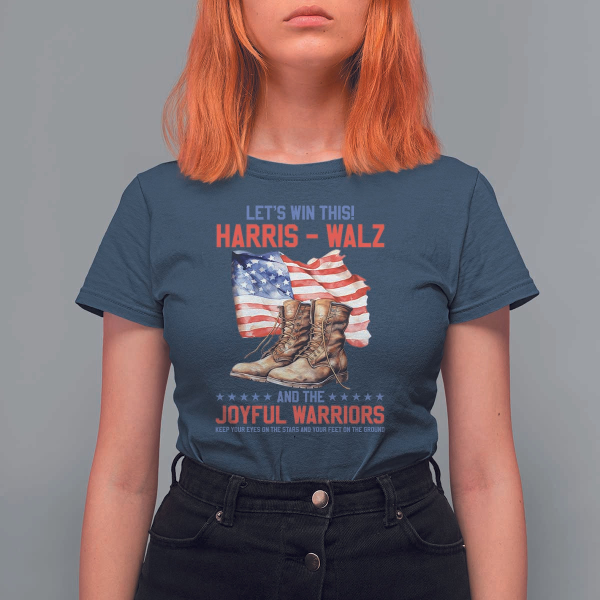 Harris Walz T Shirt For Women Let's Win This And The Joyful Warriors American Flag - Wonder Print Shop