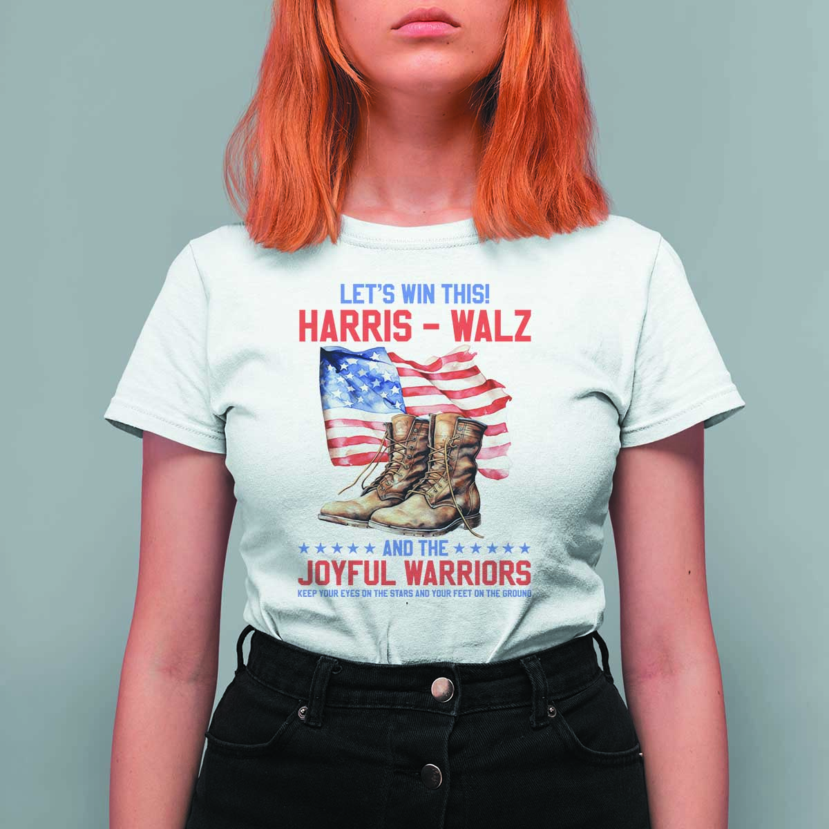 Harris Walz T Shirt For Women Let's Win This And The Joyful Warriors American Flag - Wonder Print Shop