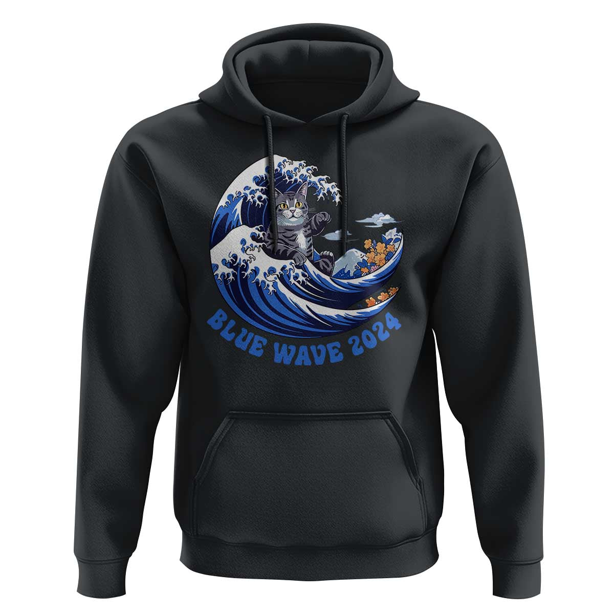 Funny Blue Wave 2024 Hoodie Vote Blue Presidential Elections Cat Tsunami Flowers - Wonder Print Shop