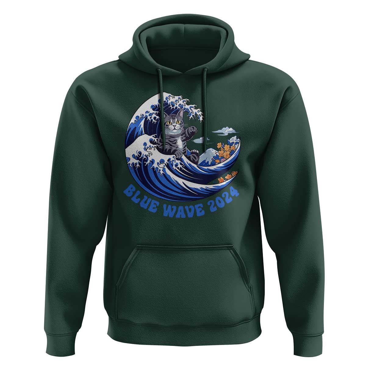 Funny Blue Wave 2024 Hoodie Vote Blue Presidential Elections Cat Tsunami Flowers - Wonder Print Shop