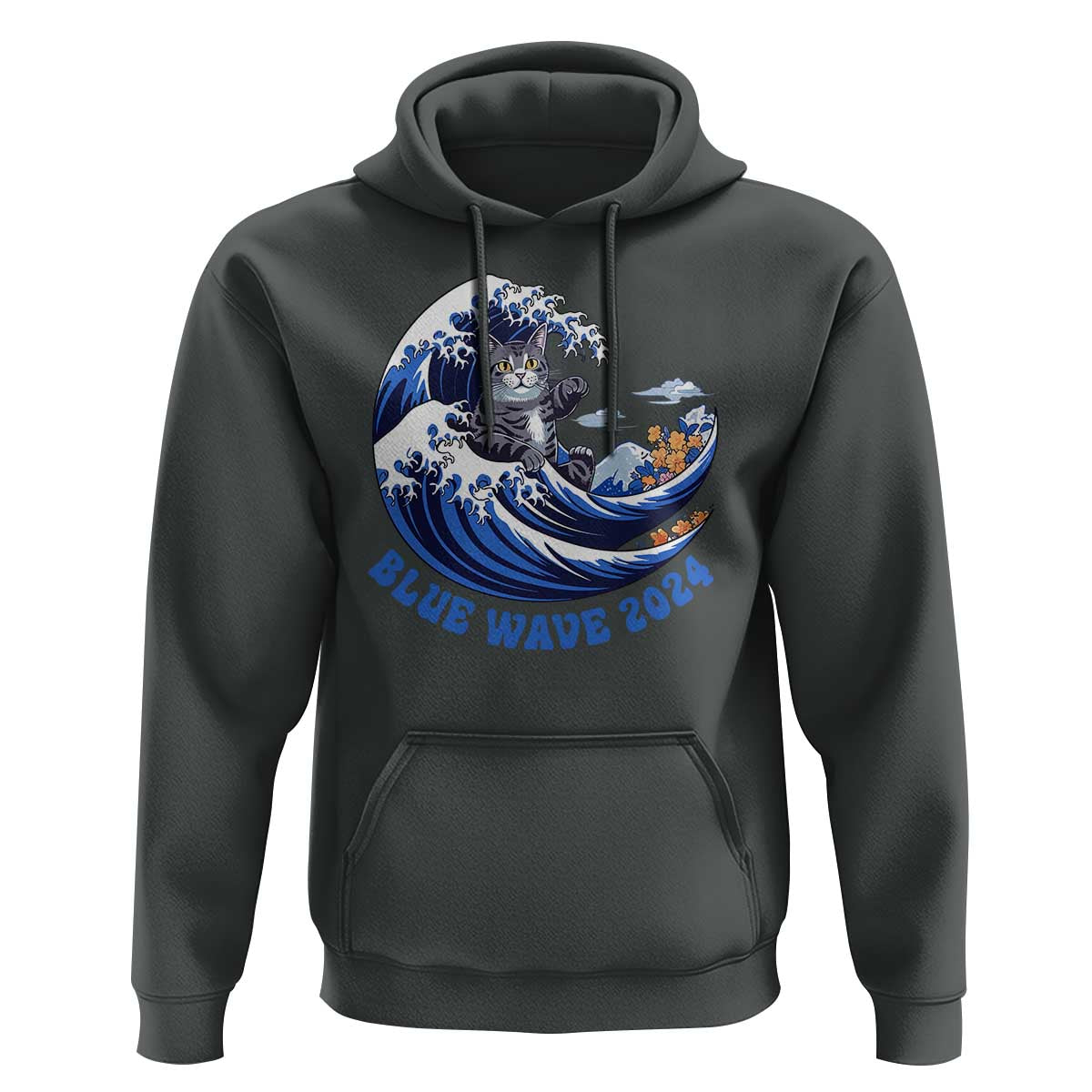 Funny Blue Wave 2024 Hoodie Vote Blue Presidential Elections Cat Tsunami Flowers - Wonder Print Shop