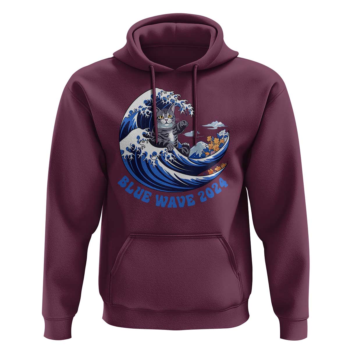 Funny Blue Wave 2024 Hoodie Vote Blue Presidential Elections Cat Tsunami Flowers - Wonder Print Shop
