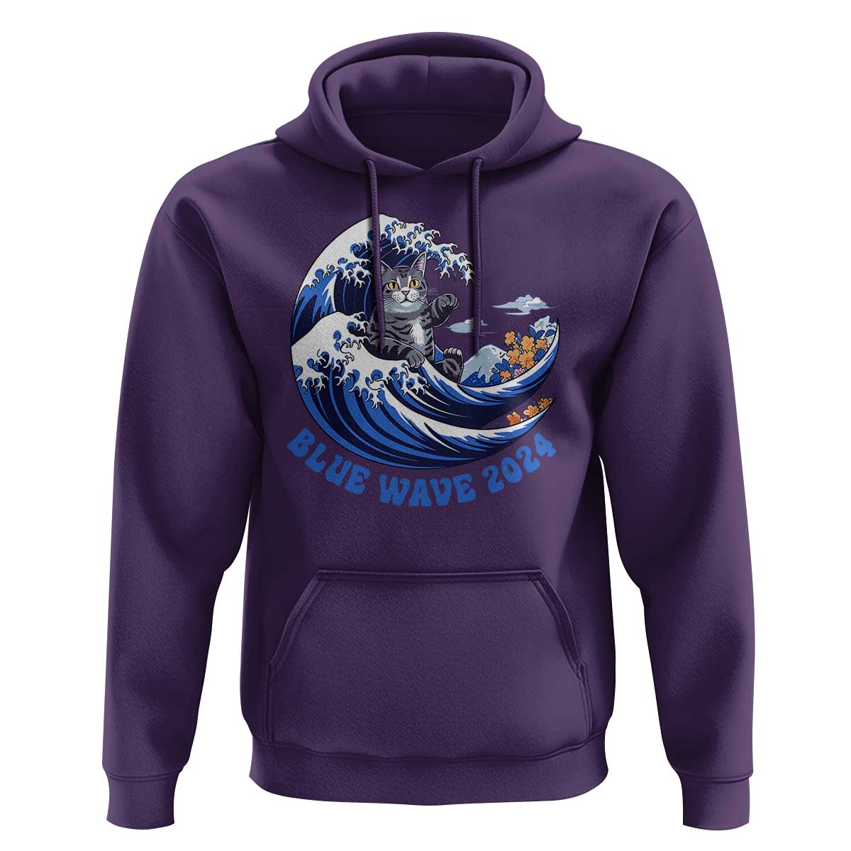 Funny Blue Wave 2024 Hoodie Vote Blue Presidential Elections Cat Tsunami Flowers - Wonder Print Shop