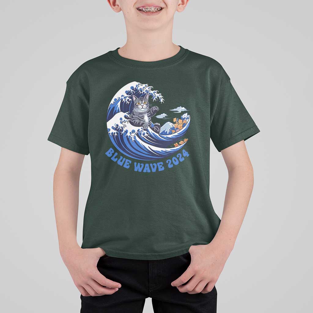 Funny Blue Wave 2024 T Shirt For Kid Vote Blue Presidential Elections Cat Tsunami Flowers - Wonder Print Shop
