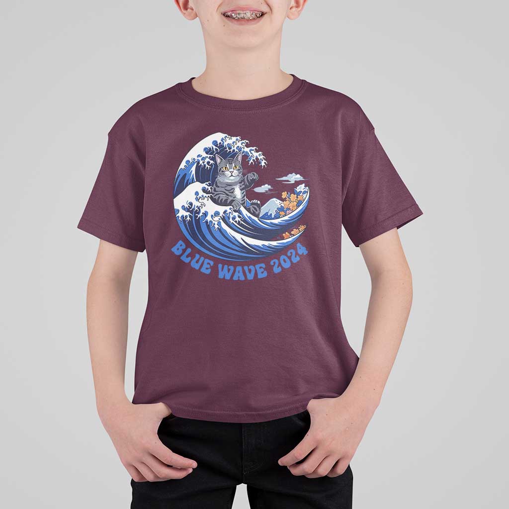 Funny Blue Wave 2024 T Shirt For Kid Vote Blue Presidential Elections Cat Tsunami Flowers - Wonder Print Shop