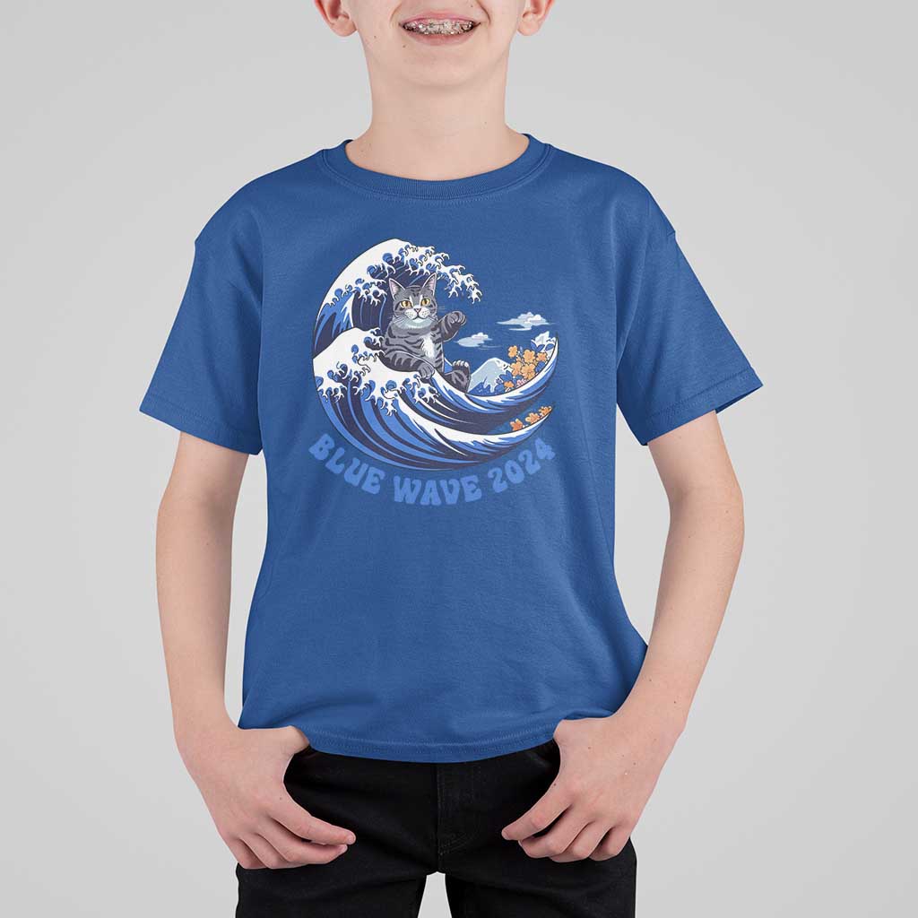 Funny Blue Wave 2024 T Shirt For Kid Vote Blue Presidential Elections Cat Tsunami Flowers - Wonder Print Shop