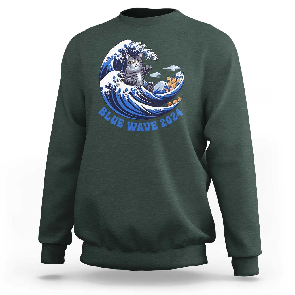 Funny Blue Wave 2024 Sweatshirt Vote Blue Presidential Elections Cat Tsunami Flowers - Wonder Print Shop
