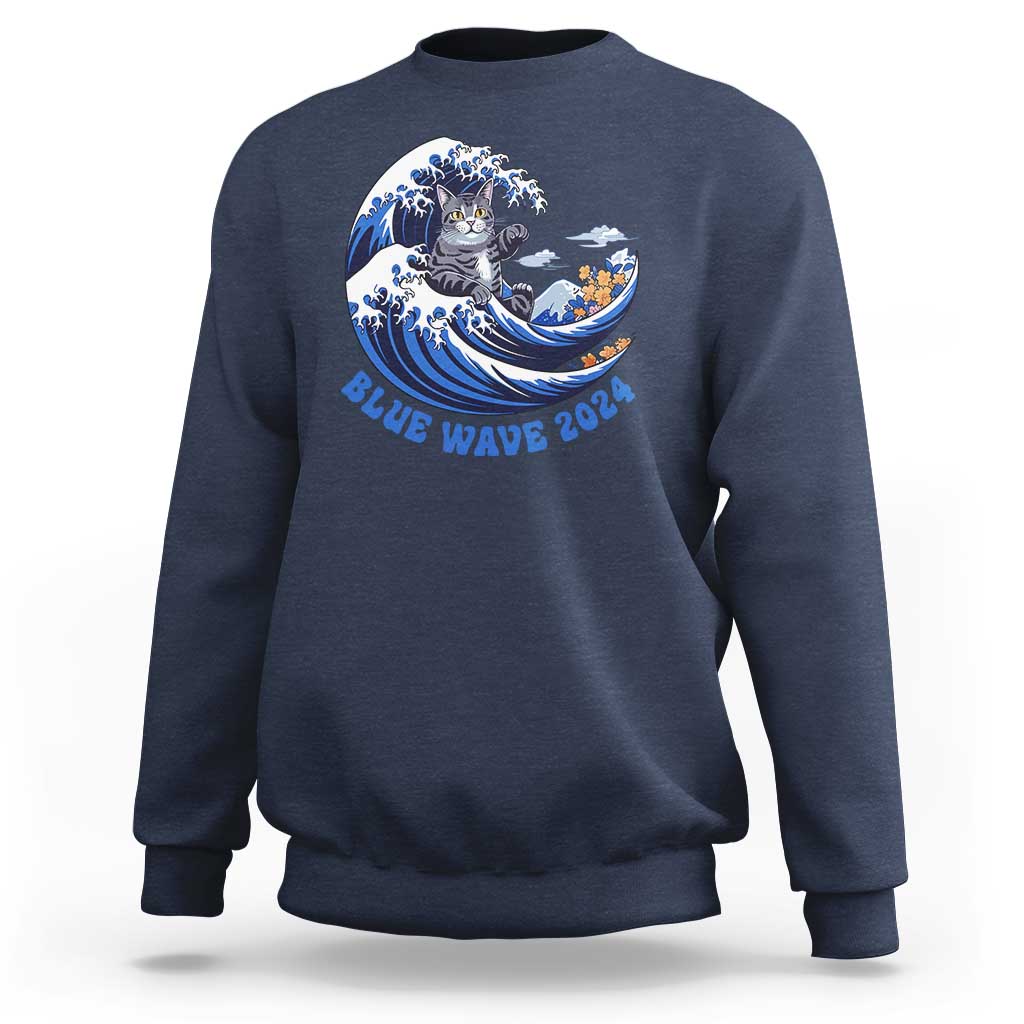 Funny Blue Wave 2024 Sweatshirt Vote Blue Presidential Elections Cat Tsunami Flowers - Wonder Print Shop