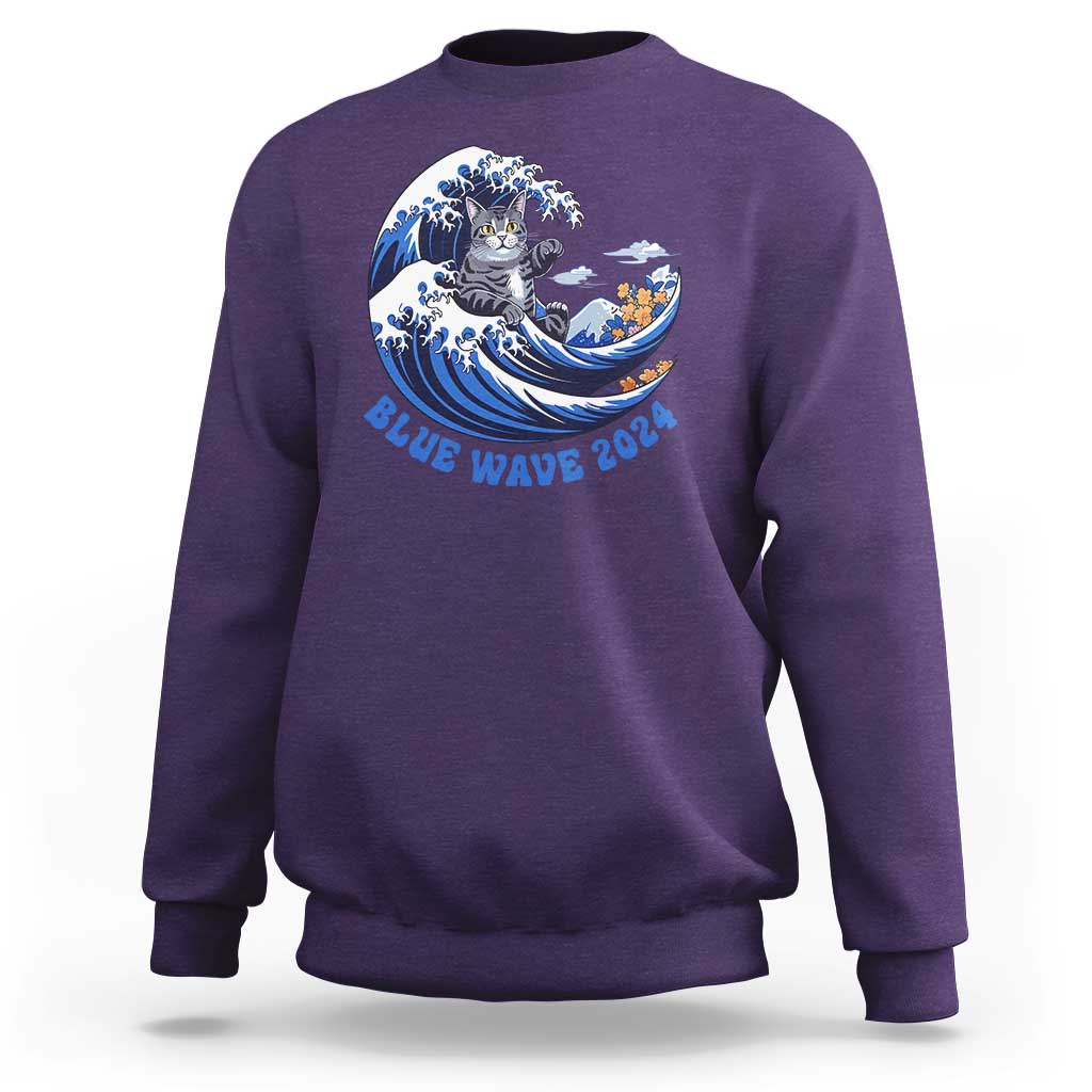 Funny Blue Wave 2024 Sweatshirt Vote Blue Presidential Elections Cat Tsunami Flowers - Wonder Print Shop