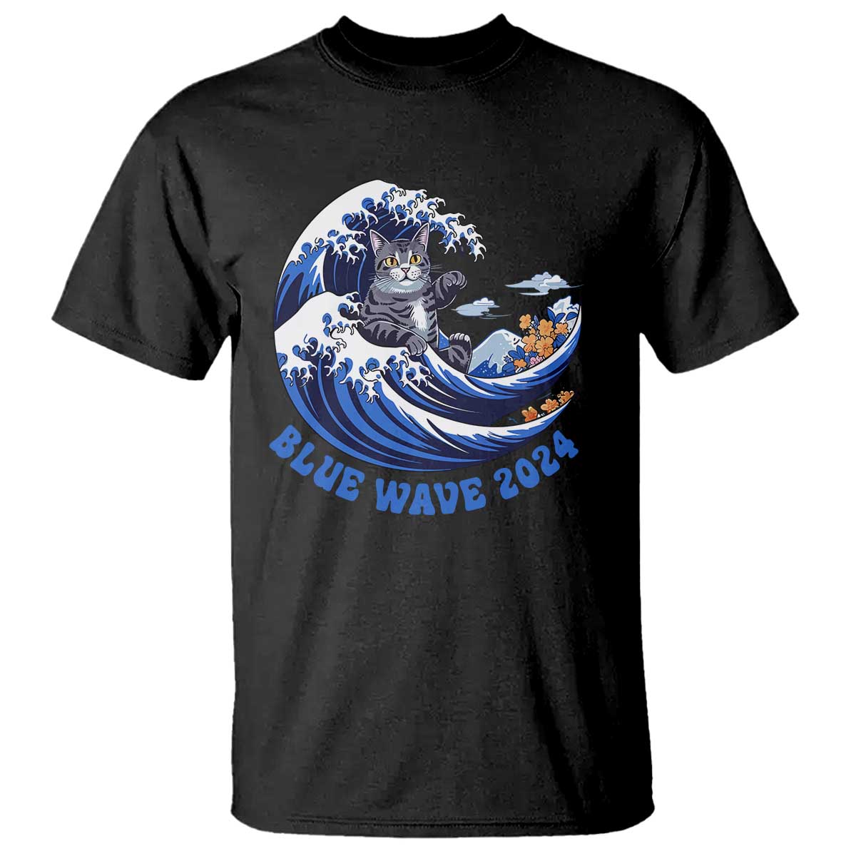 Funny Blue Wave 2024 T Shirt Vote Blue Presidential Elections Cat Tsunami Flowers - Wonder Print Shop