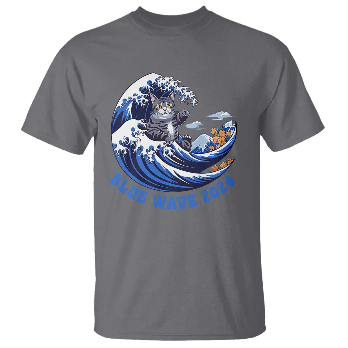 Funny Blue Wave 2024 T Shirt Vote Blue Presidential Elections Cat Tsunami Flowers - Wonder Print Shop