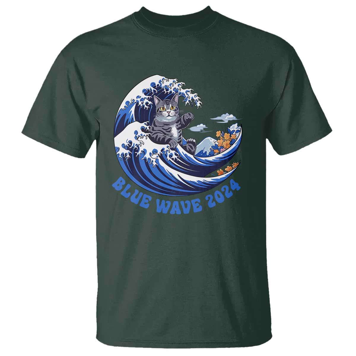 Funny Blue Wave 2024 T Shirt Vote Blue Presidential Elections Cat Tsunami Flowers - Wonder Print Shop