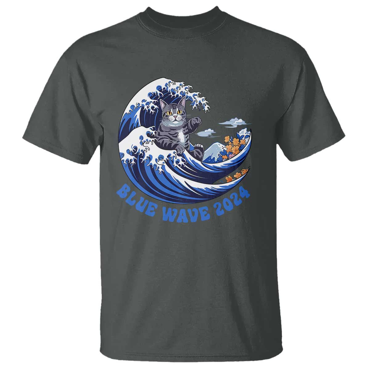 Funny Blue Wave 2024 T Shirt Vote Blue Presidential Elections Cat Tsunami Flowers - Wonder Print Shop
