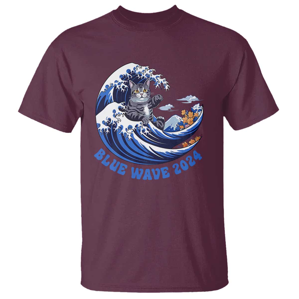 Funny Blue Wave 2024 T Shirt Vote Blue Presidential Elections Cat Tsunami Flowers - Wonder Print Shop