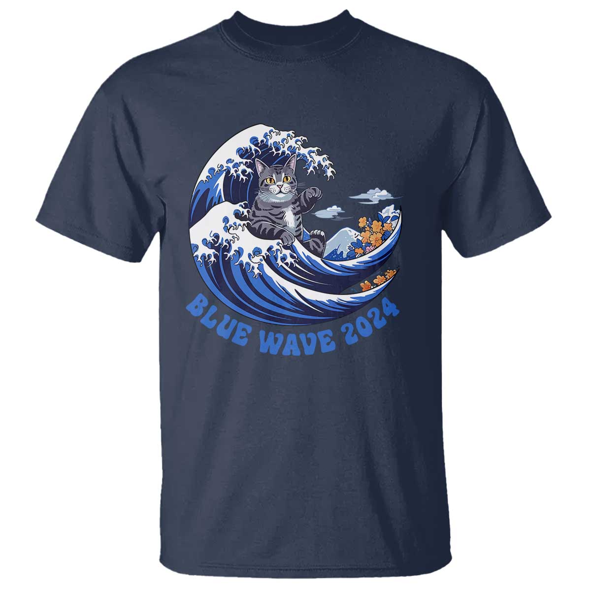 Funny Blue Wave 2024 T Shirt Vote Blue Presidential Elections Cat Tsunami Flowers - Wonder Print Shop