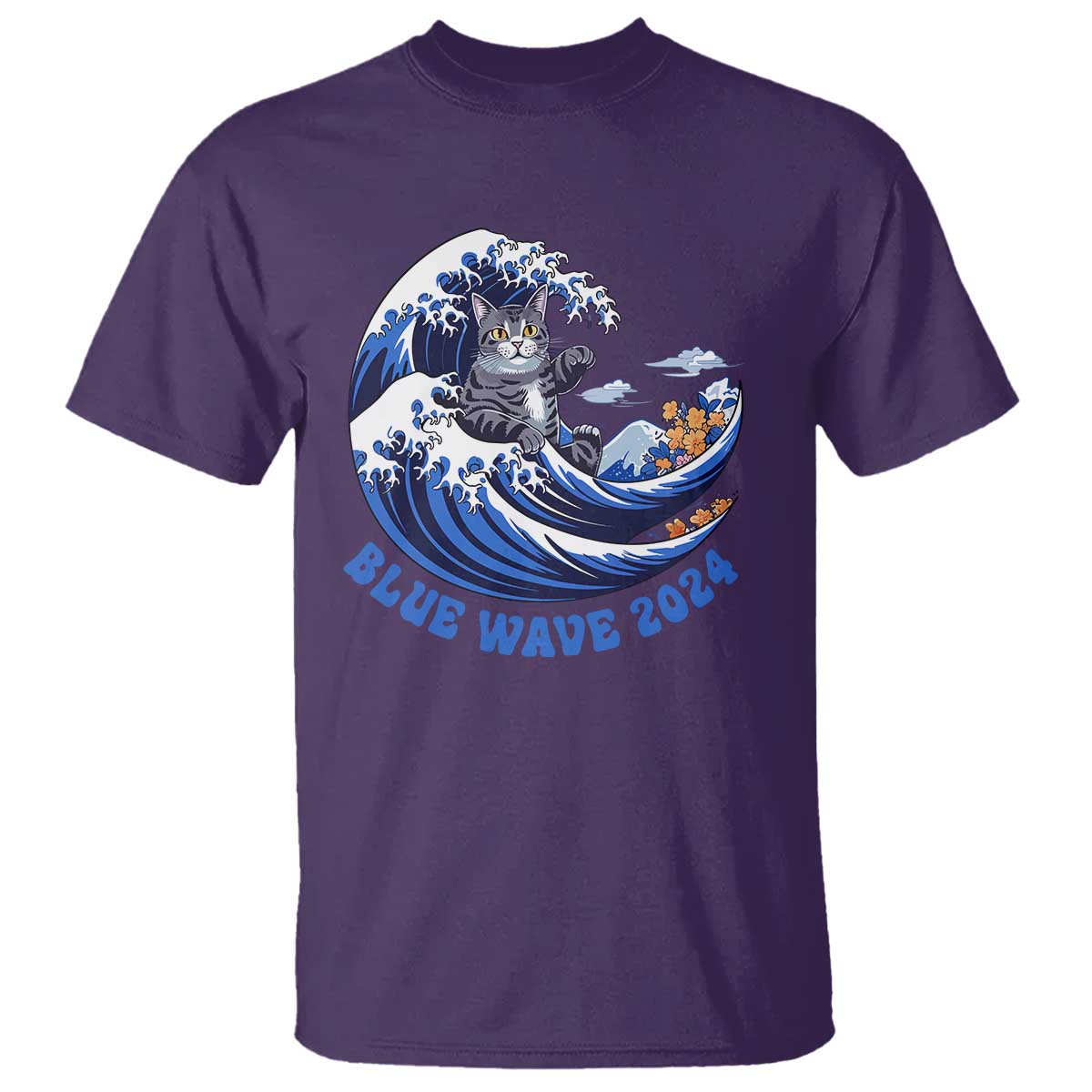 Funny Blue Wave 2024 T Shirt Vote Blue Presidential Elections Cat Tsunami Flowers - Wonder Print Shop