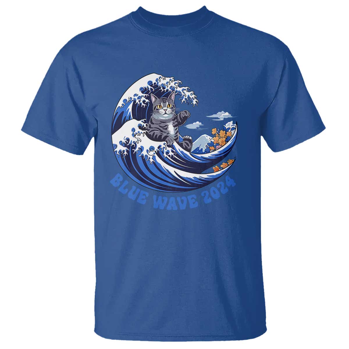 Funny Blue Wave 2024 T Shirt Vote Blue Presidential Elections Cat Tsunami Flowers - Wonder Print Shop